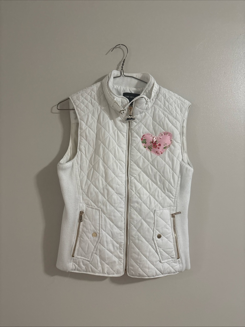 The Zen White Quilted Vest with Pink Heart Accent
